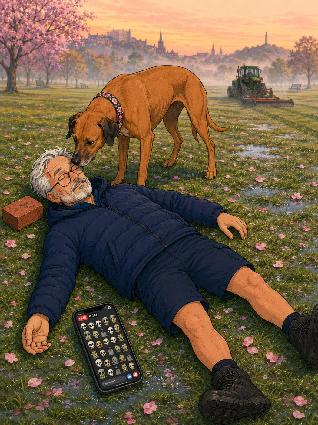 David lies on the wet grass of the Meadows, knocked out by a brick, his phone livestream filling with skull emojis while Reggie the ginger dog leans over him.