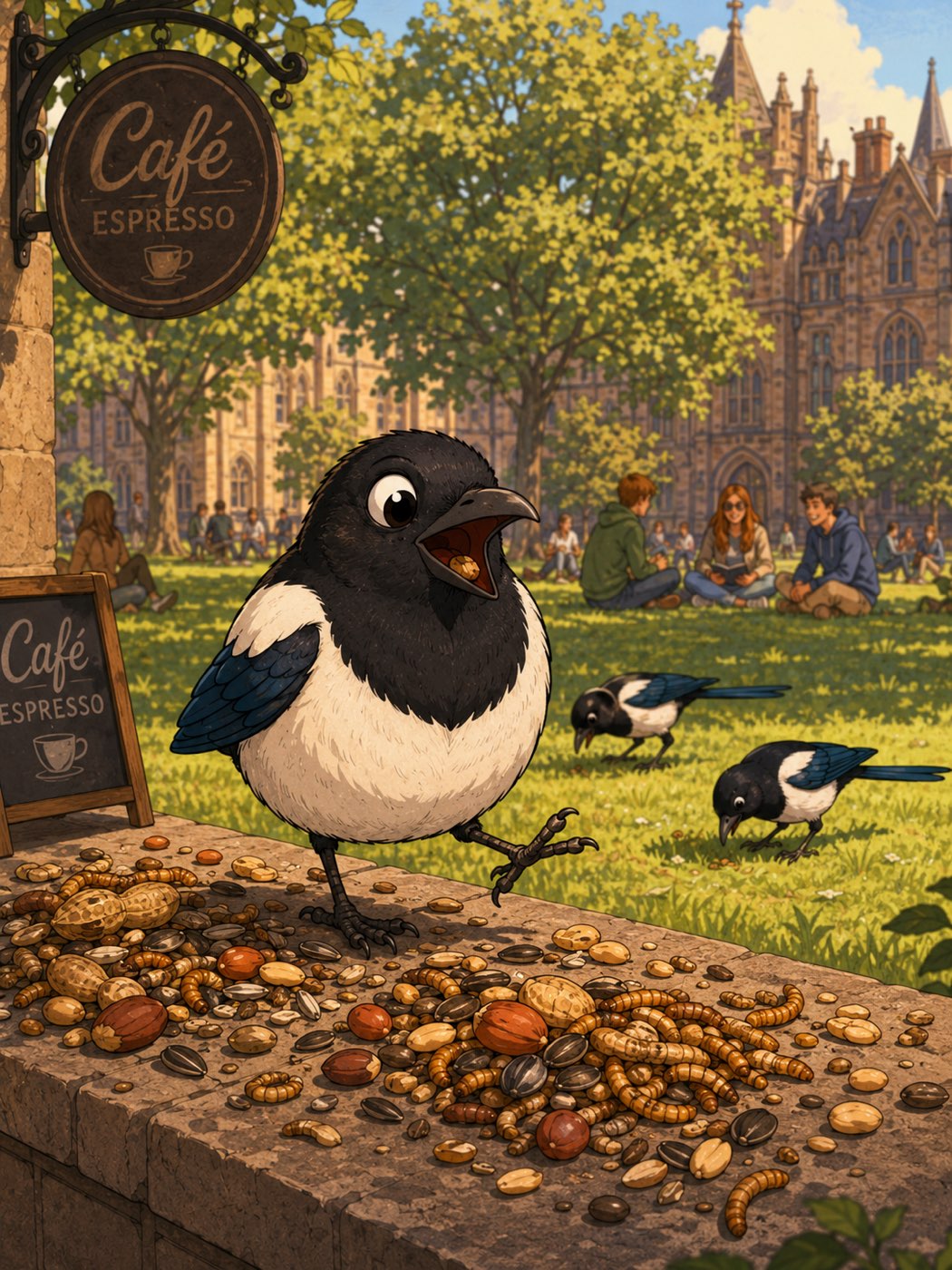 BLOB the tailless magpie stands happily on his wall amid a buffet of nuts and seeds left by locals, the café sign behind and magpies on the sunny University lawn.
