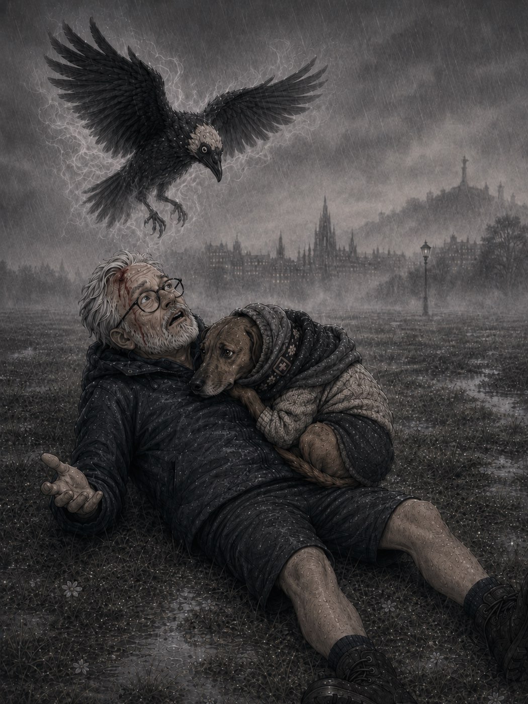 The ghostly half-bald crow hovers deadpan over a gobsmacked David, propped on his elbows in the greyscale rain with Reggie bundled on his chest.